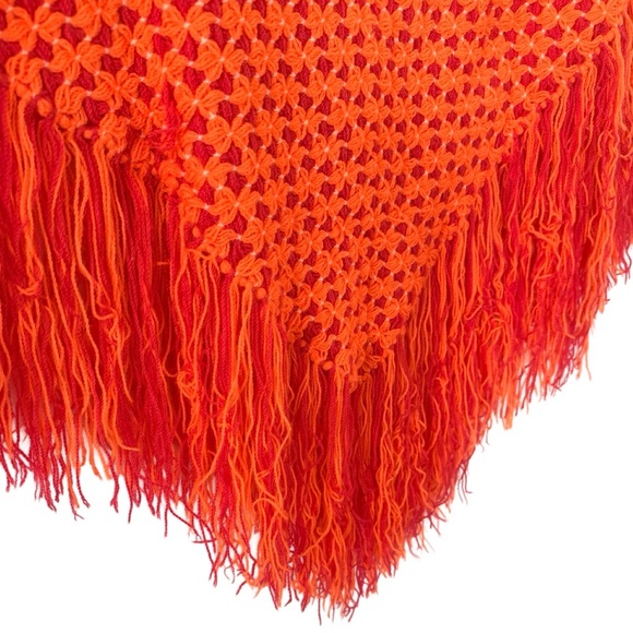 Handmade Crochet Fringe Poncho Orange Pink Boho Retro Fall Layering - Picture 5 of 8